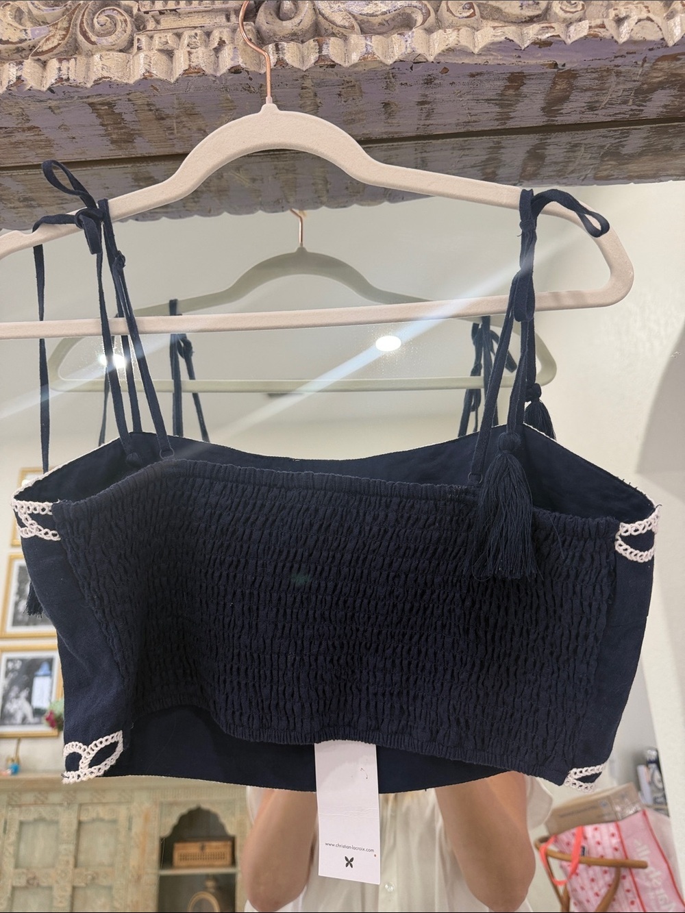 Christian Lacroix Navy Linen Blend Cropped Top with White Crochet Trim - Picture 6 of 6